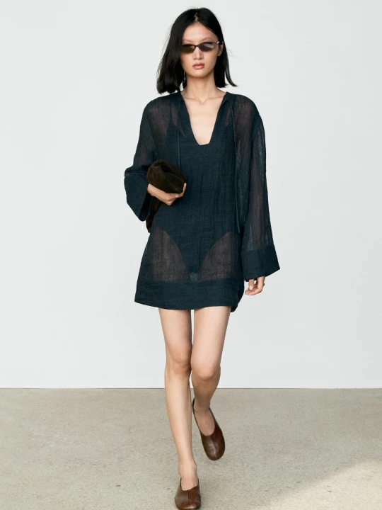 Zdjęcie produktu Zwiewna Sukienka Mini Ze 100% Lnu - Niebieski - Massimo Dutti - Female