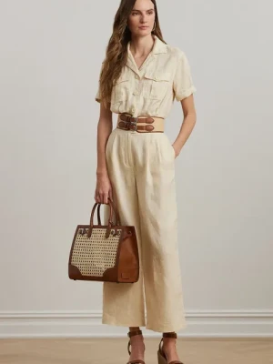Lauren Ralph Lauren kombinezon lniany kolor beżowy z kołnierzykiemm 200963735