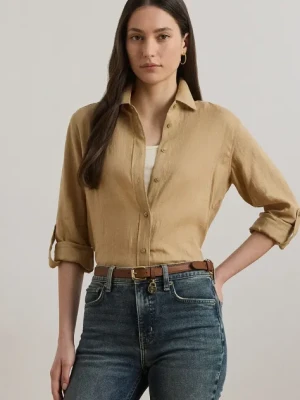 Lauren Ralph Lauren koszula lniana kolor beżowy regular z kołnierzykiem klasycznym 200782777