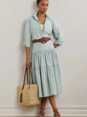 Lauren Ralph Lauren spódnica bawełniana kolor niebieski midi rozkloszowana 200978816