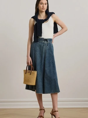 Lauren Ralph Lauren spódnica jeansowa bawełniana kolor niebieski midi rozkloszowana 200971265