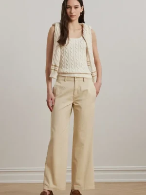 Lauren Ralph Lauren spodnie bawełniane damskie kolor beżowy szerokie high waist 200965654