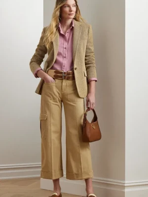 Lauren Ralph Lauren spodnie bawełniane damskie kolor beżowy szerokie high waist 200974894