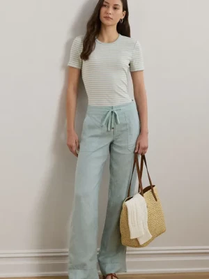 Lauren Ralph Lauren spodnie lniane kolor niebieski szerokie medium waist 200735136