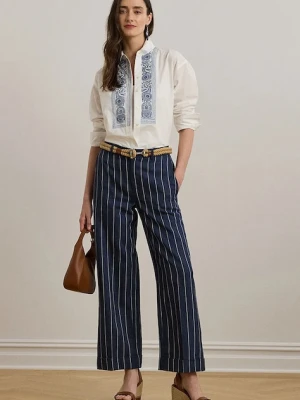 Lauren Ralph Lauren spodnie z domieszką lnu damskie kolor granatowy szerokie high waist 200978536