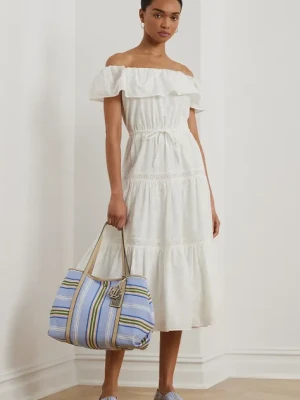 Lauren Ralph Lauren sukienka bawełniana kolor biały midi rozkloszowana 200966195