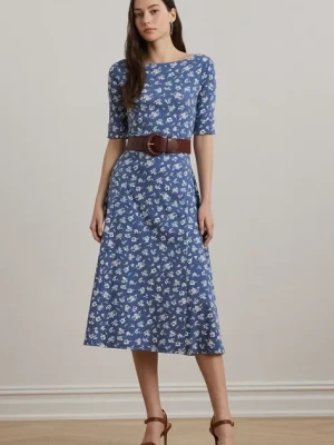 Lauren Ralph Lauren sukienka bawełniana kolor niebieski midi rozkloszowana 200976993