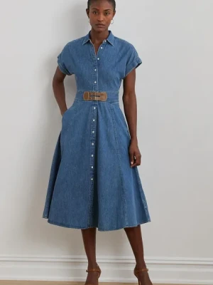 Lauren Ralph Lauren sukienka jeansowa kolor niebieski midi rozkloszowana 250963908