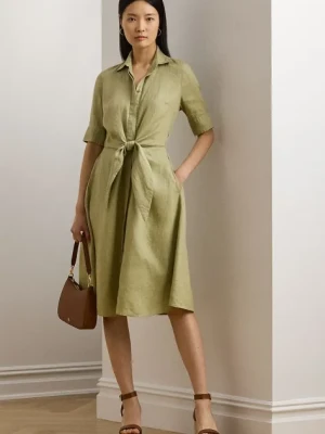 Lauren Ralph Lauren sukienka lniana kolor zielony midi rozkloszowana 200905667