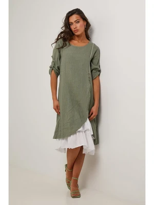 Le Monde du Lin Lniana sukienka w kolorze oliwkowo-białym rozmiar: 34/36