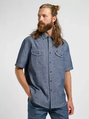 Lee 101 Short Sleeve Worker Shirt Rinse Chambray Size