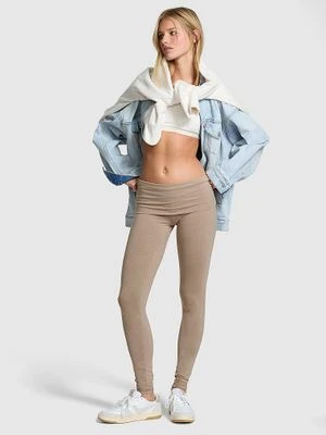 Legginsy z odwijanym pasem z bawełny All-Day Cotton Victoria's Secret Brązowy