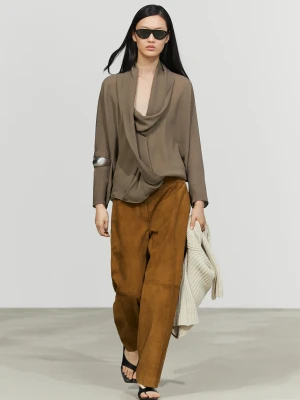 Lejąca Koszula Z Kopertowym Dekoltem I Drapowaniem - Ciemny Khaki - Massimo Dutti - Female