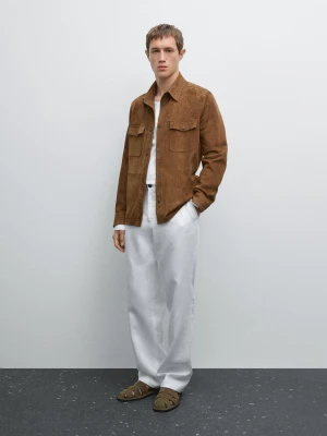Lekka Koszula Z Zamszowej Skóry - Tytoniowy - - Massimo Dutti - Mężczyzna