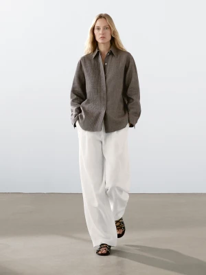 Lekka Koszula Ze 100% Lnu Z Zaszewkami - Brązowy - - Massimo Dutti - Kobieta