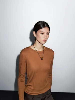 Koszulka Ze 100% Bawełny Z Dekoltem - Opalony - - Massimo Dutti - Kobieta