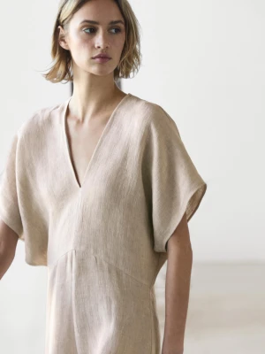 Lekka Sukienka Średniej Długości Z Lnu Z Krótkim Rękawem - Surowy - - Massimo Dutti - Kobieta