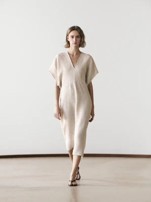 Lekka Sukienka Średniej Długości Z Lnu Z Krótkim Rękawem - Surowy - - Massimo Dutti - Kobieta