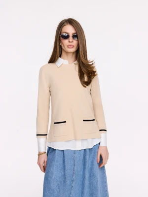 Lekki beżowy sweter z ozdobnymi lamówkami TARANKO