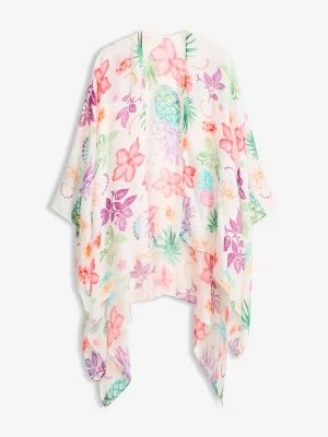 Lekkie letnie poncho we wzór w kwiaty BonPrix biały