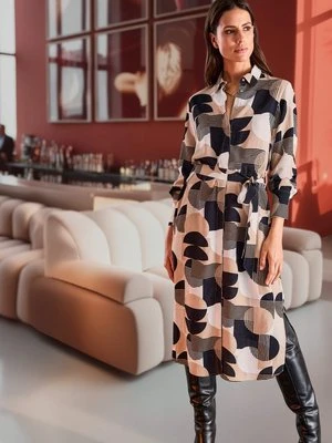 LENZING™ ECOVERO™ Beżowa wiskozowa sukienka koszulowa z geometrycznym wzorem – Urban Wild Olsen