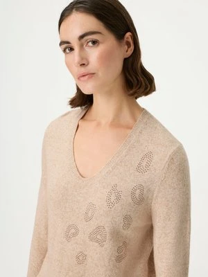 LENZING™ ECOVERO™ Beżowy sweter damski Henny z dekoltem V z panterką – Urban Wild Olsen