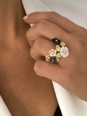 Les Petites Précieuses Pozłacany pierścionek z masą perłową i cyrkoniami rozmiar: 50