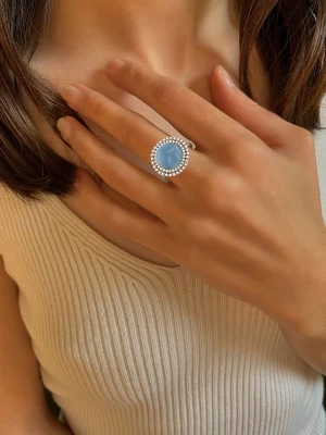 Les Petites Précieuses Srebrny pierścionek z akwamarynem i cyrkonią rozmiar: 58