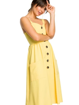 Letnia lniana sukienka na ramiączkach żółta z dużymi kieszeniami Be Active