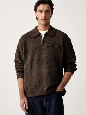 Levi's sweter męski z dodatkiem wełny BOULDER COLLARED HALF ZIP brązowy