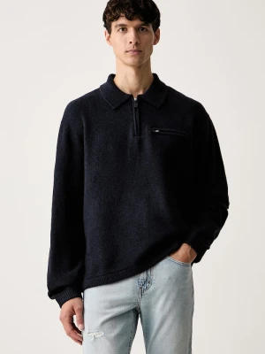 Levi's sweter męski z dodatkiem wełny BOULDER COLLARED HALF ZIP granatowy