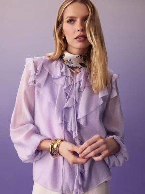 Liliowa bluzka z rayonu z bufiastymi rękawami i żabotem TARANKO
