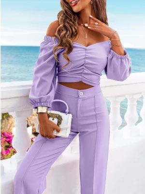 Liliowy komplet dwuczęściowy spodnie i bluzka hiszpanka Sellie - liliowy Pakuten