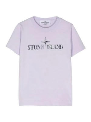 Liliowy T-shirt dla Dzieci z Nadrukiem Logo Stone Island