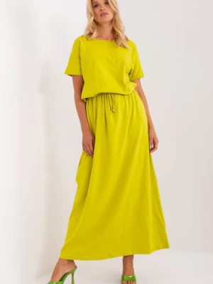 Limonkowa maxi sukienka damska basic z kieszeniami RELEVANCE