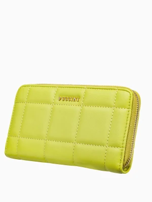 Limonkowy duży portfel damski z ozdobnymi przeszyciami Puccini
