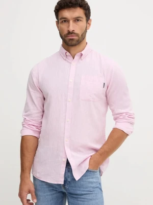 Lindbergh koszula lniana męska kolor różowy regular z kołnierzykiem button-down 30.220276