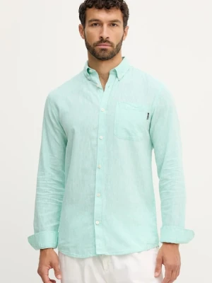 Lindbergh koszula lniana męska kolor turkusowy regular z kołnierzykiem button-down 30.220276