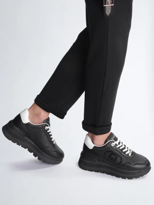 Liu Jo Black Leather Sneakers With Bejewelled Logo LIUJO