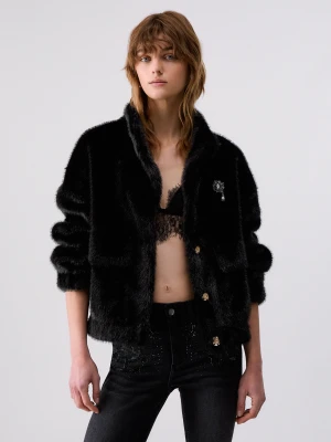 Liu Jo Bomber Jacket Teddy With Brooch Jewel czarny