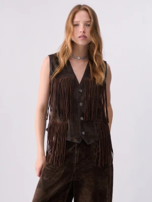 Liu Jo Fringed Vest In Flocked Fabric Blue Denim
