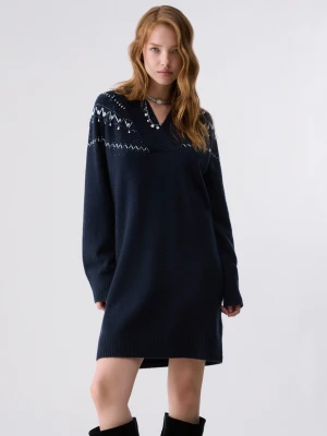 Liu Jo Knit Dress With Jewel Embroidery Dark Blue