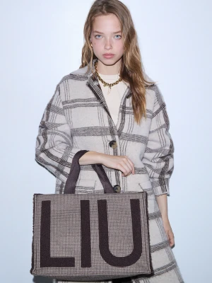 Liu Jo Large Check Fabric Tote Bag Dark Brown