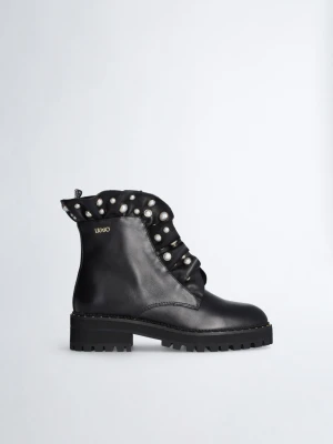 Liu Jo Leather Combat Boots With Jewel Ruching LIUJO