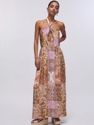 Liu Jo Long Printed Satin Dress beżowy