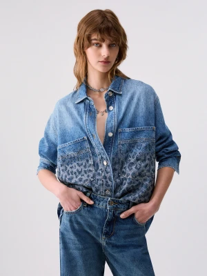 Liu Jo Overshirt In Denim With Rhinestones Animal-print Blue Denim