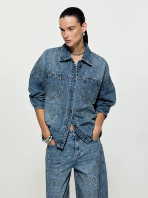 Liu Jo Oversized Jacket In Denim With Rhinestones Dark Blue Denim