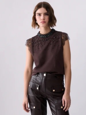 Liu Jo T-shirt With Lace And Rhinestones Mocha
