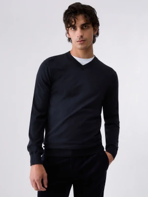 Liu Jo V-neck Sweater In Merino Wool Dark Blue