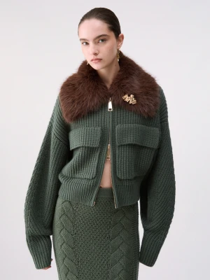 Liu Jo Wool Bomber Jacket With Teddy Collar Dark Green